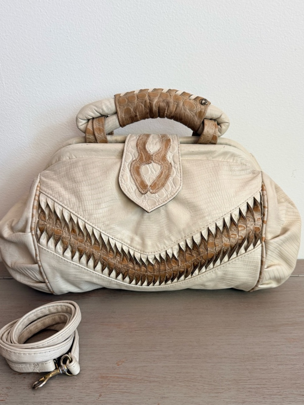 Vintage 80s Structured Doctor Bag Croc Embossed Leather Chunky Statement Bag